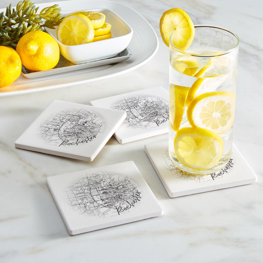Minimalistic B&W New York Rochester Faded Circle Map | Absorbent Coasters | Set of 4 | Min 2