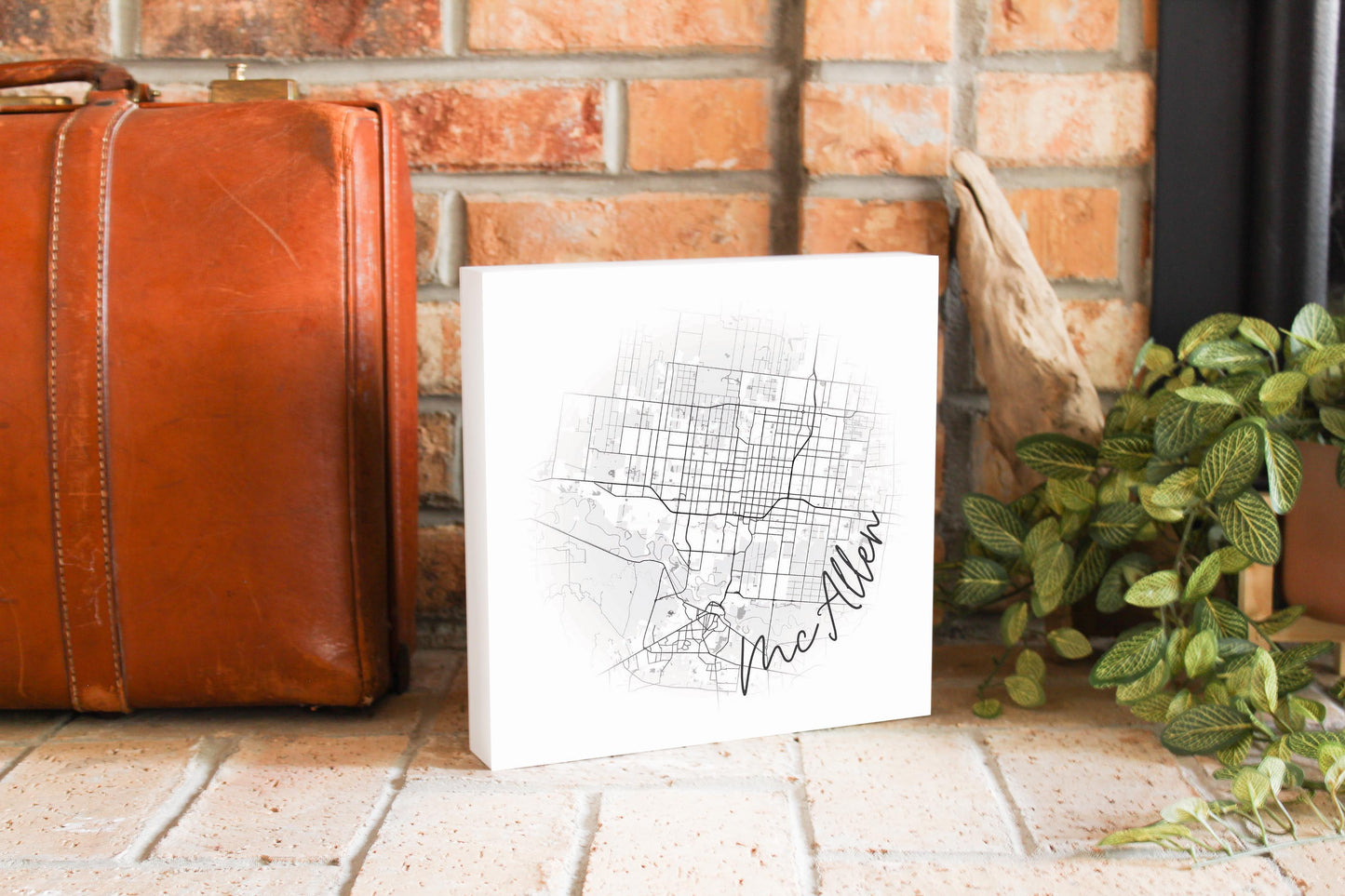 Minimalistic B&W Texas Mcallen Circle Map | Wood Block | Eaches | Min 2