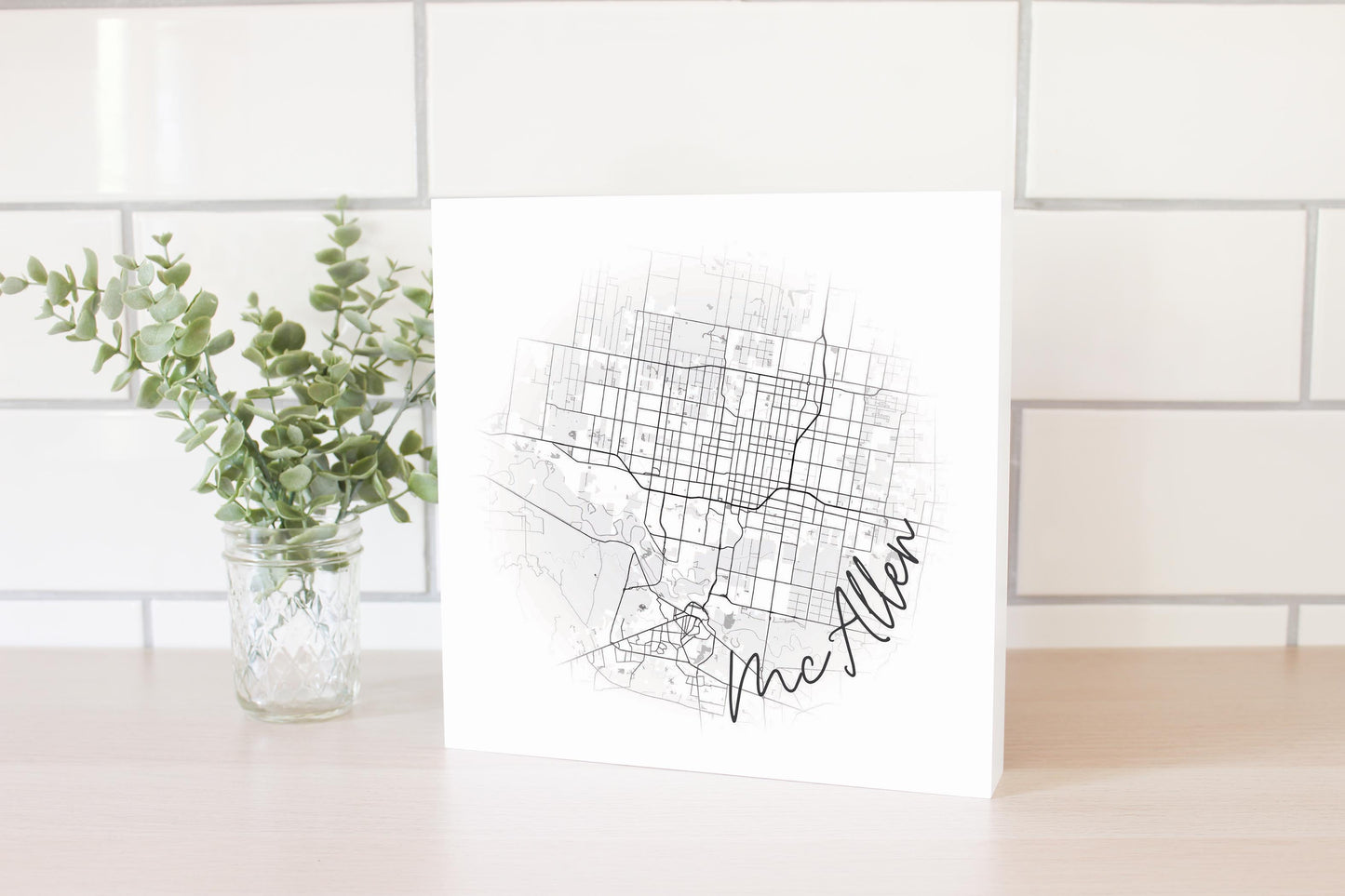 Minimalistic B&W Texas Mcallen Circle Map | Wood Block | Eaches | Min 2