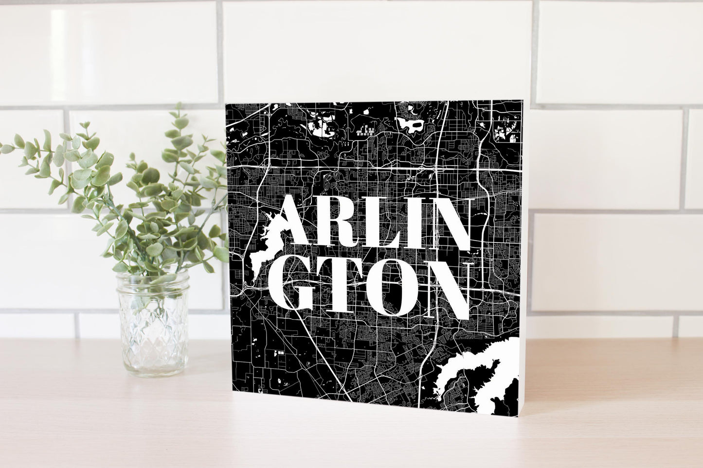 Minimalistic B&W Texas Arlington Map | Wood Block | Eaches | Min 2
