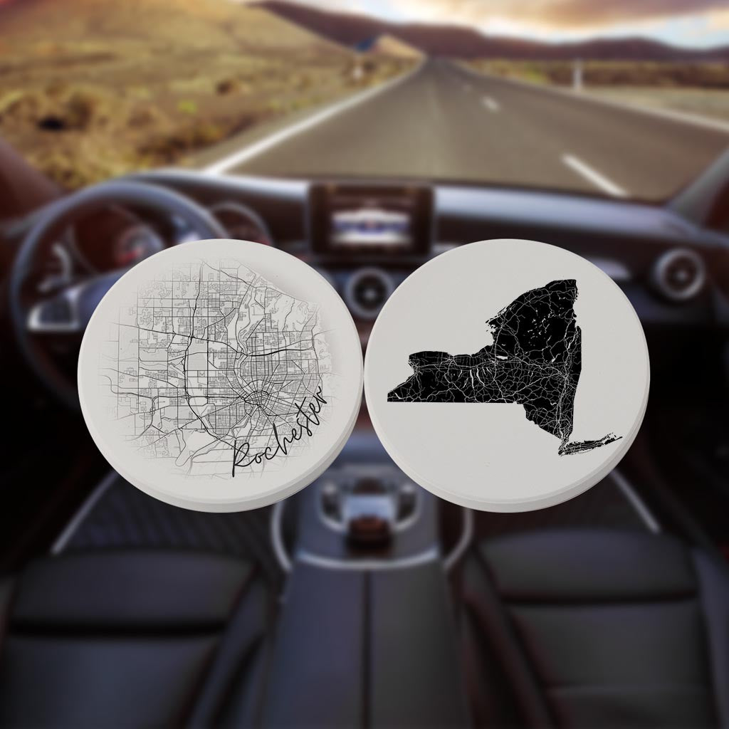 Minimalistic B&W New York Rochester Map State| Absorbent Car Coasters | Set of 2 | Min 4