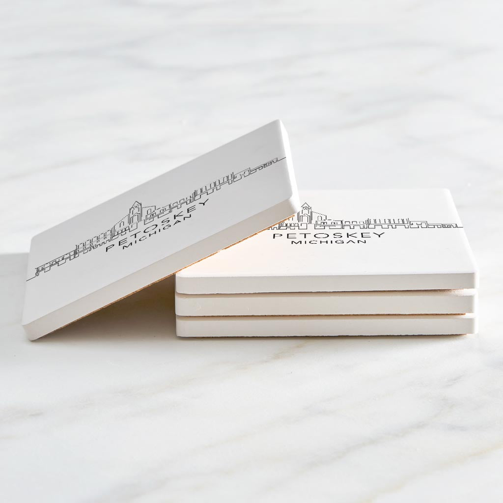 Minimalistic B&W Michigan Petoskey Skyline| Absorbent Coasters | Set of 4 | Min 2