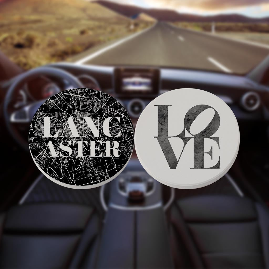 Minimalistic B&W Pennsylvania Lancaster Map Love| Absorbent Car Coasters | Set of 2 | Min 4