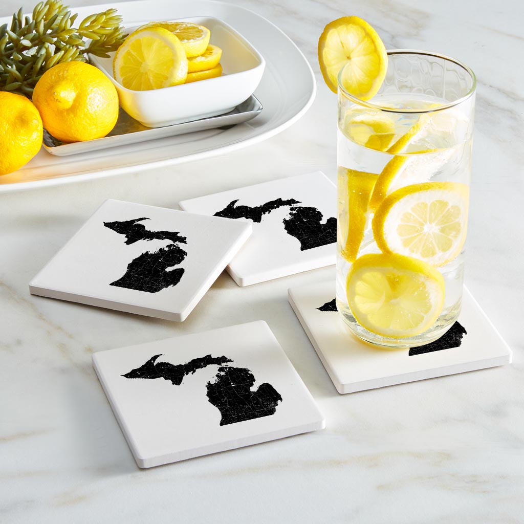 Minimalistic B&W Michigan Map Petoskey Star | Absorbent Coasters | Set of 4 | Min 2