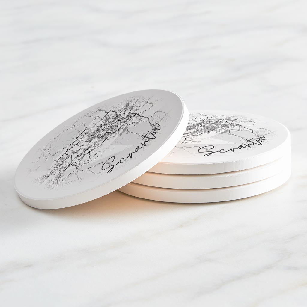 Minimalistic B&W Pennsylvania Scranton Circle Map | Absorbent Coasters | Set of 4 | Min 2