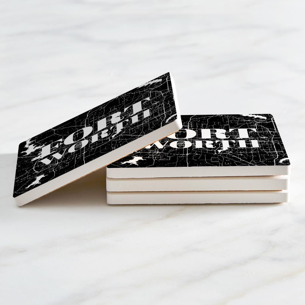 Minimalistic B&W Texas Fort Worth Map | Absorbent Coasters | Set of 4 | Min 2