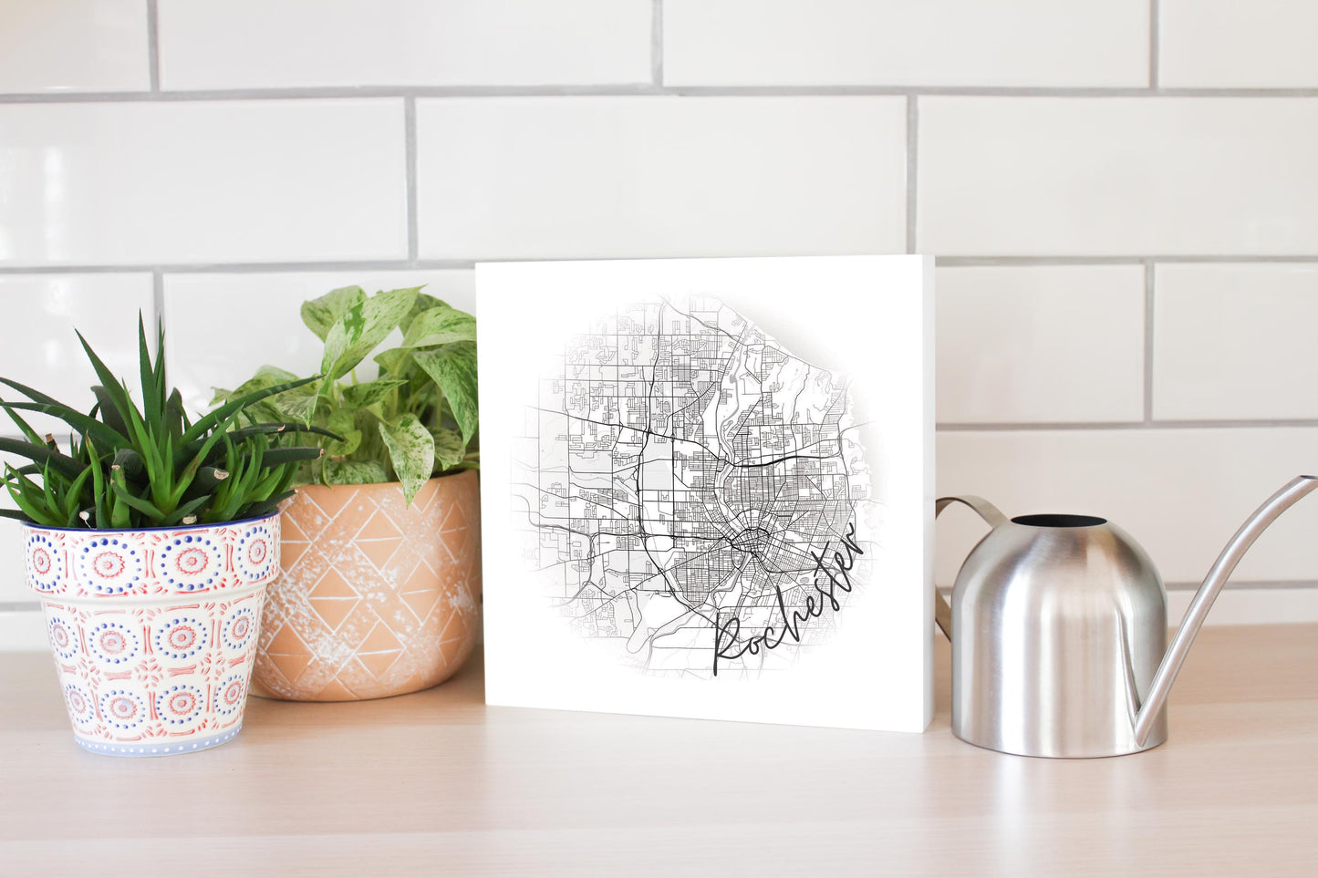 Minimalistic B&W New York Rochester Faded Circle Map | Wood Block | Eaches | Min 2