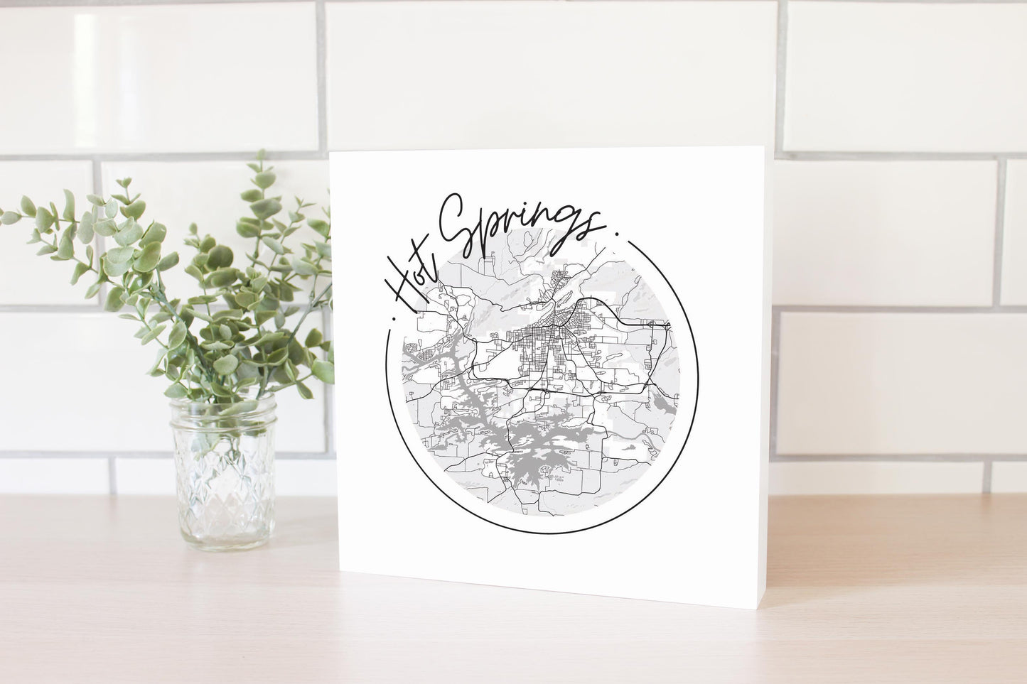 B&W Minimalist Arkansas Hot Springs Circle Map | Wood Block | Eaches | Min 2