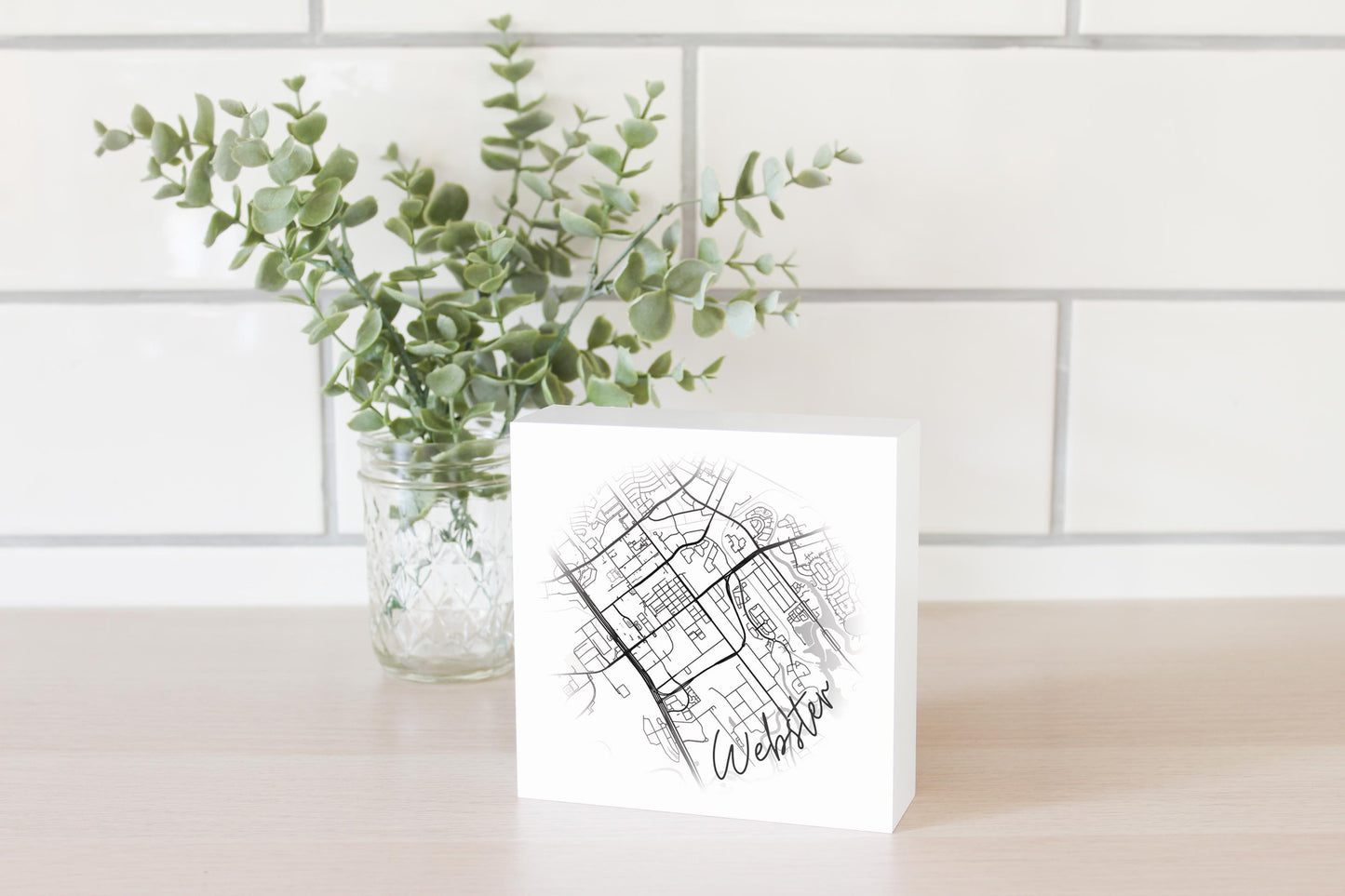 Minimalistic B&W Texas Webster Circle Map| Wood Block | Eaches | Min 4