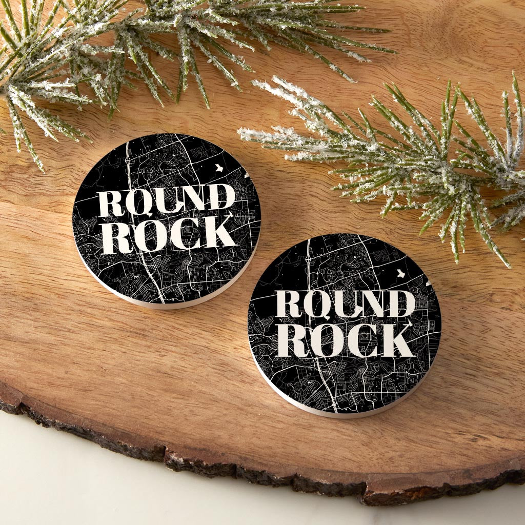 Minimalistic B&W Texas Round Rock Map | Absorbent Car Coasters | Set of 2 | Min 4
