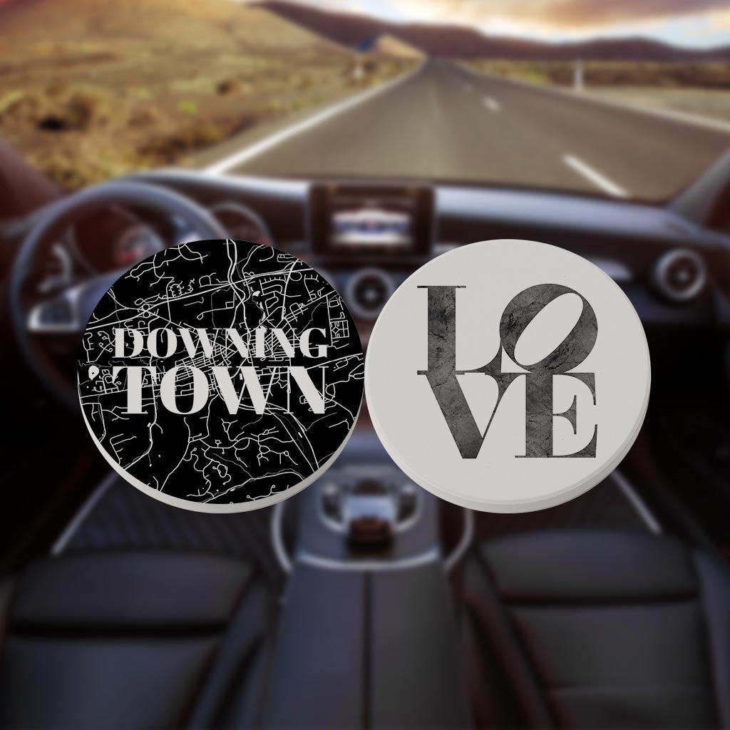 Minimalistic B&W Pennsylvania Downingtown Map Love| Absorbent Car Coasters | Set of 2 | Min 4