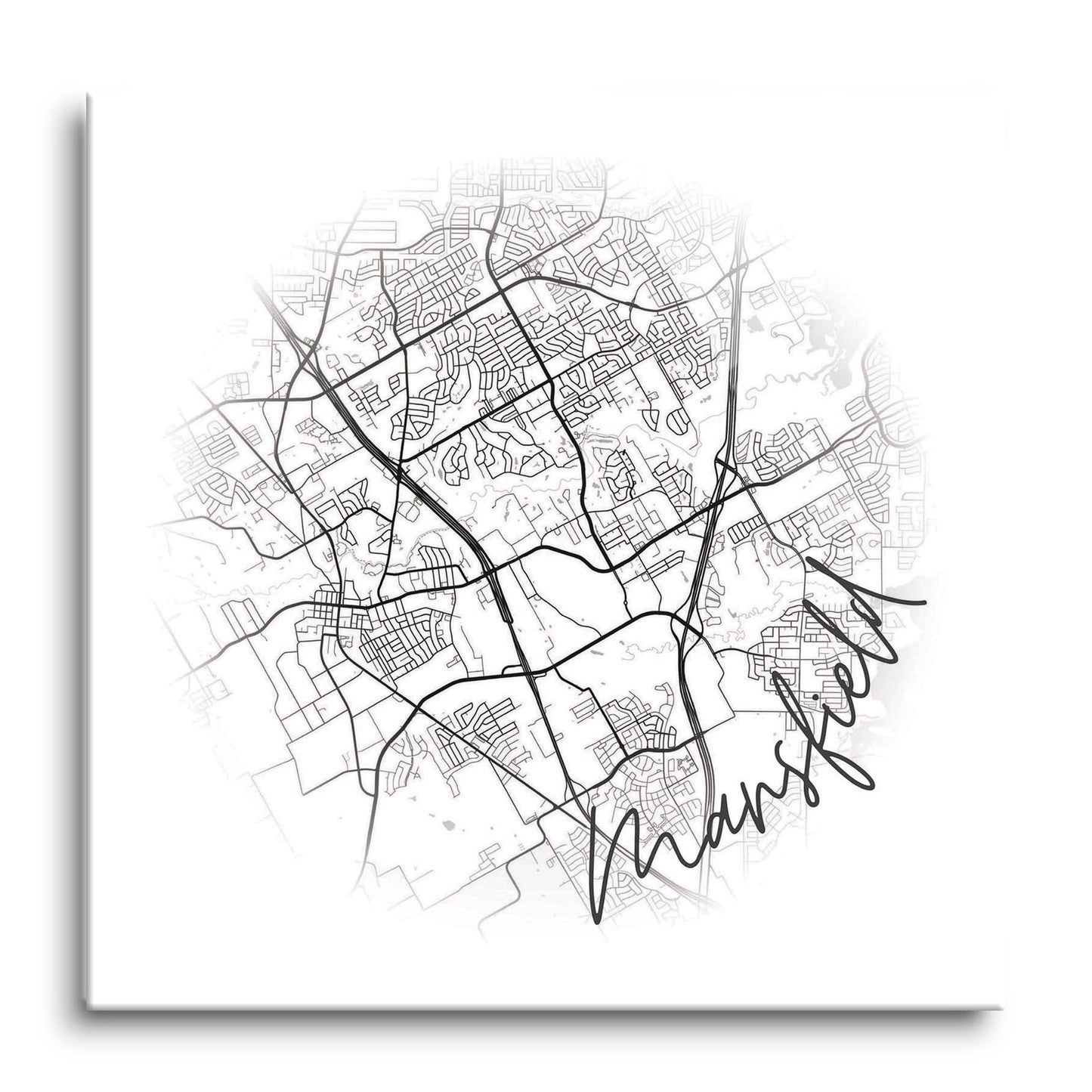 Minimalistic B&W Texas Mansfield Circle Map | Hi-Def Glass Art | Eaches | Min 1