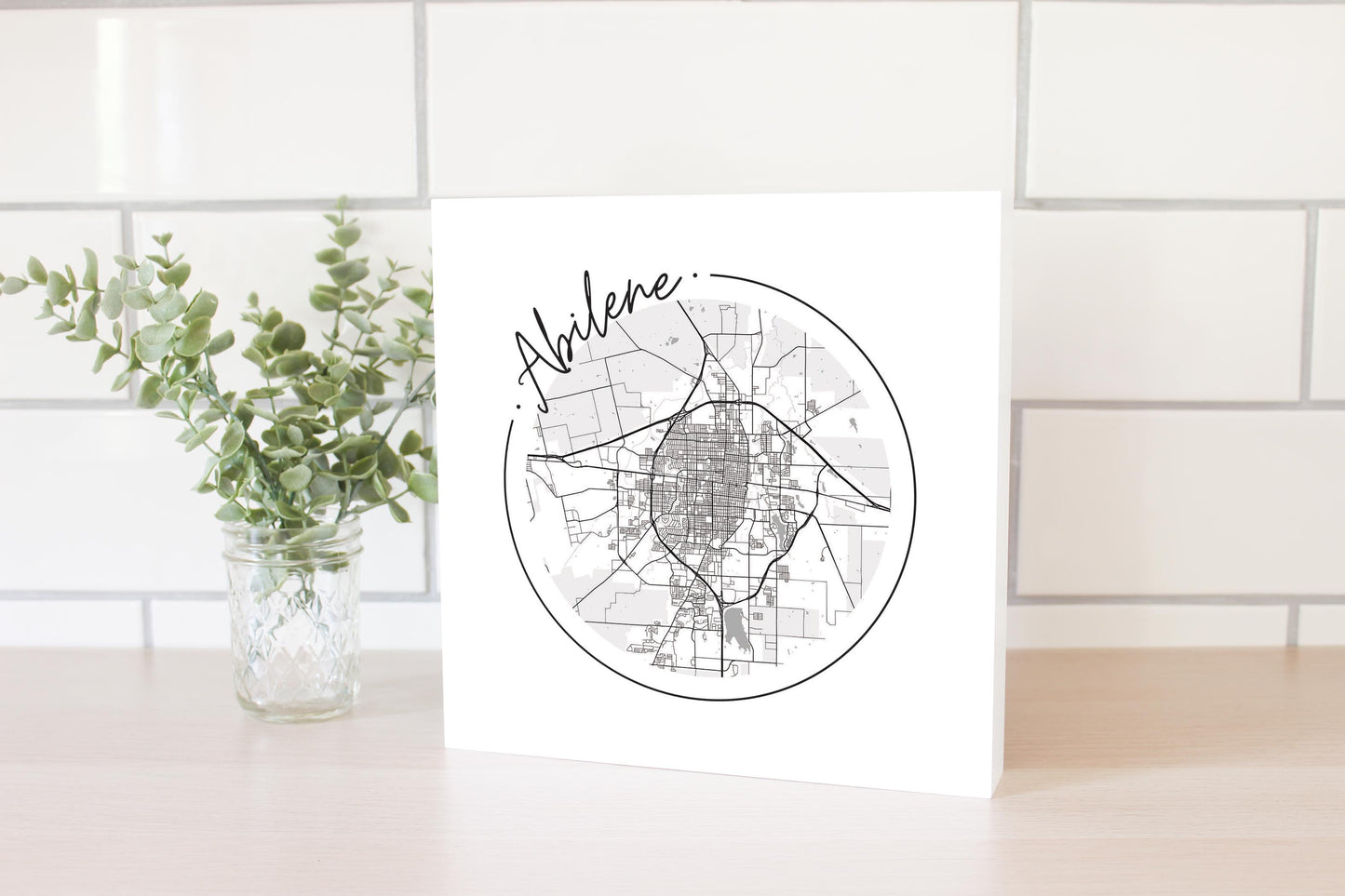 Minimalist B&W Texas Abilene Circle Map | Wood Block | Eaches | Min 2