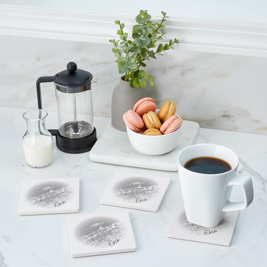 Minimalistic B&W Pennsylvania Erie Circle Map | Absorbent Coasters | Set of 4 | Min 2