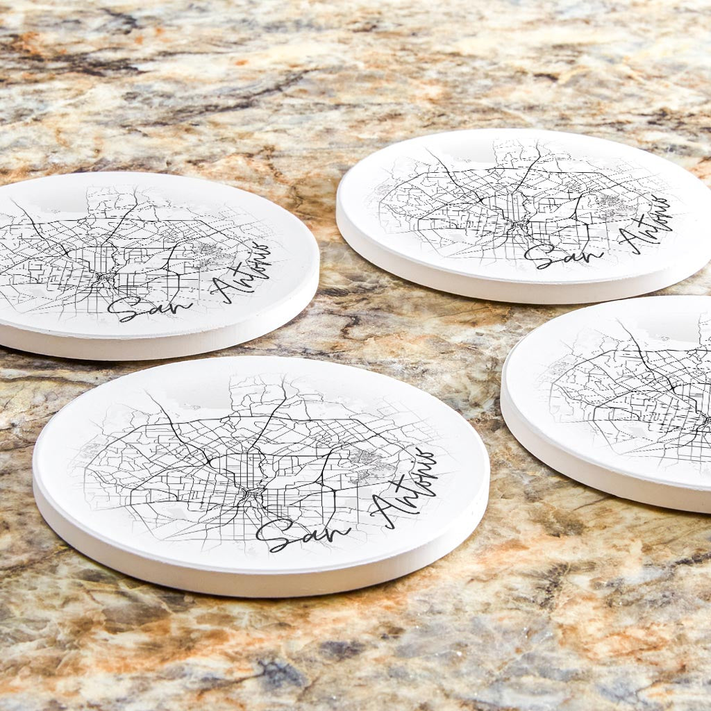Minimalistic B&W Texas San Antonio Circle Map | Absorbent Coasters | Set of 4 | Min 2