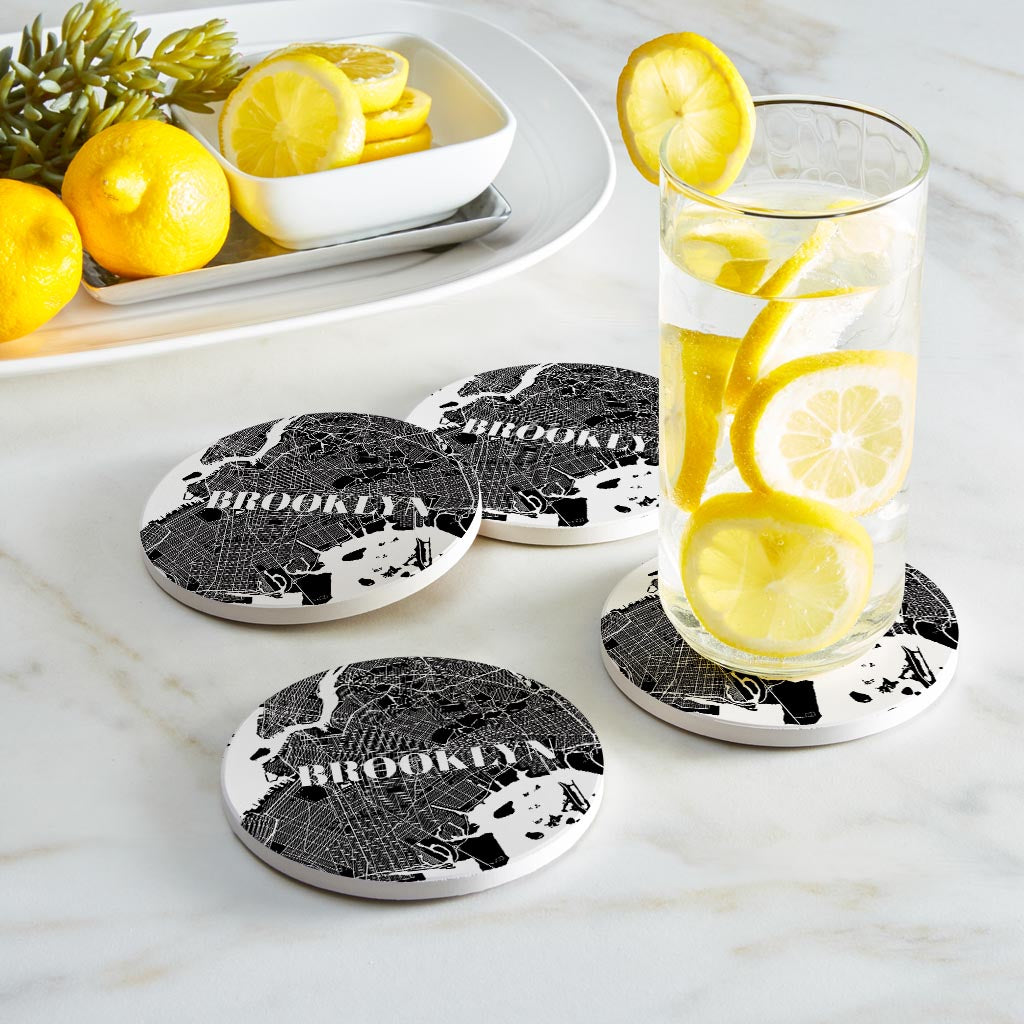 Minimalistic B&W New York Brooklyn Map | Absorbent Coasters | Set of 4 | Min 2